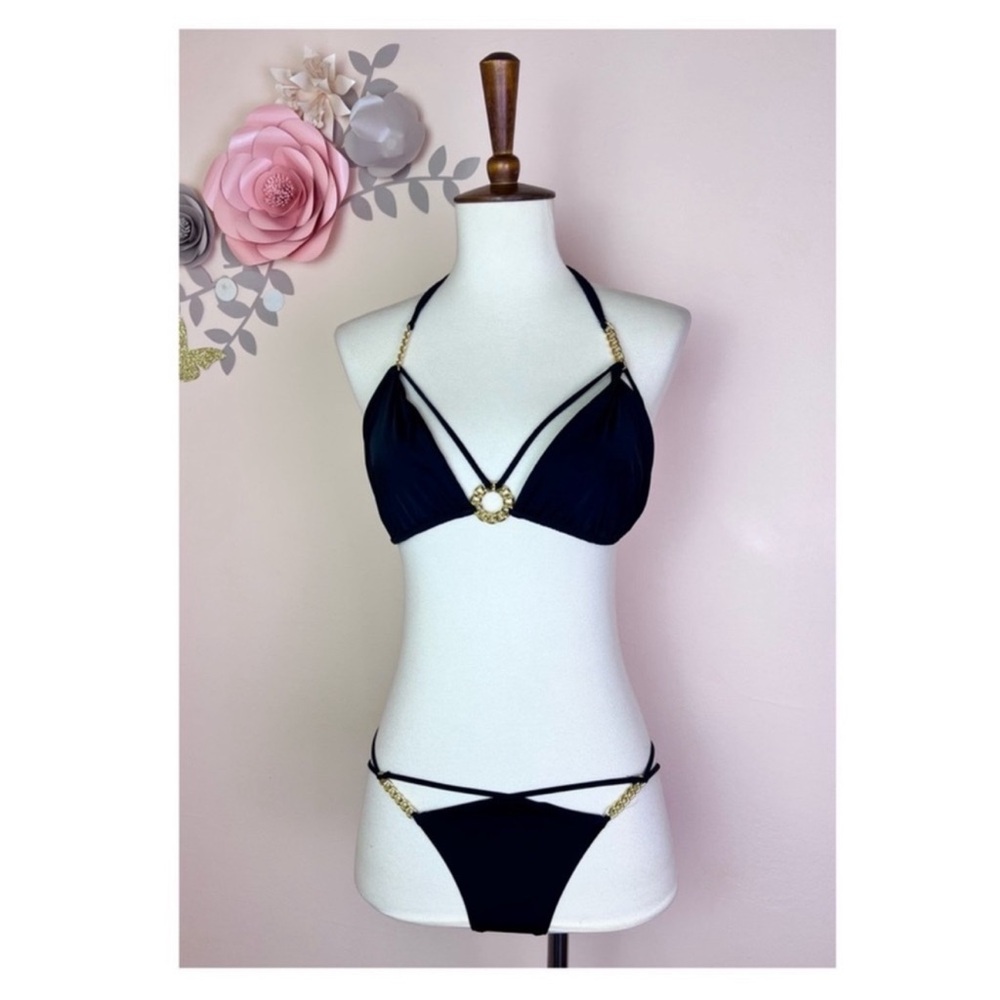 New! AGENT PROVOCATEUR Cee-Cee Bikini & Top Chain Embellished Swimsuit in Black - Picture 9 of 13